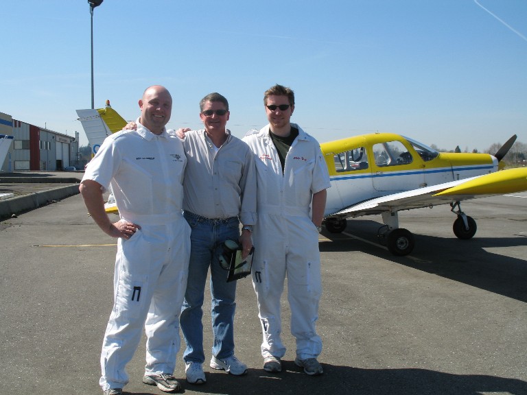 Dave Marshall with his Flight Instructors, Rod Giesbrecht (left) and Phil Craig.  Langley Flying School
