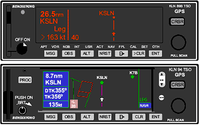 Langley Flying School's new IFR GPS, the KLN 84 (bottom) replaces the older KLN 89B (top).  The new GPS includes easier access to approach loading, via the PROC button (left of screen).